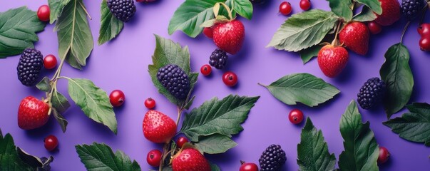 Fruits and leaves arranged on a purple background, showcasing vibrant colors and healthy ingredients that promote wellness and vitality Perfect for health related content