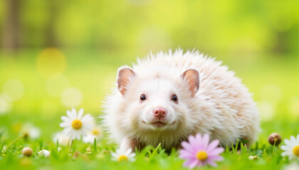 Albino hedgehog exploring garden surrounded by flowers, springtime joy