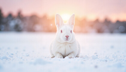 Albino rabbit gazing in the snow at dawn, winter serenity