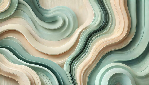 A gentle abstract background with flowing, curved shapes in soft mint green and cream tones. Smooth transitions create a serene and calming visual. AI generated.