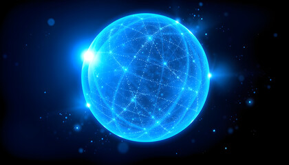 Naklejka premium Abstract round blue sphere glowing energy magic molecule with atoms from particles and dots cosmic on a black background. Abstract background, photo, with white tones