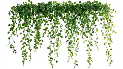 Hanging artificial greenery, cascading leaves, white background, home decor
