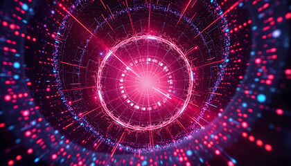 Obraz premium Cyberpunk Tunnel Vision: Futuristic glowing circular tunnel with digital data streams, red and blue neon lights