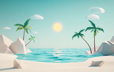 Obraz premium A minimalistic low poly beach scene with a sun, palm trees, and a tranquil ocean.