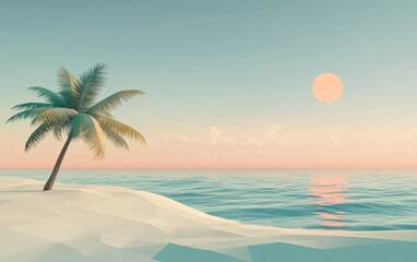 Obraz premium A minimalistic low poly beach scene with a sun, palm trees, and a tranquil ocean.