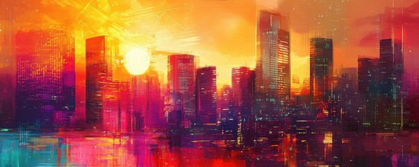 futuristic city skyline at sunset with digital elements, vibrant colors, and abstract patterns evoking technology and innovation in an urban landscape