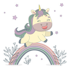 ПечатьLittle funny unicorn jumping on rainbow vector illustration. Design for printing on t-shirt, poster, banner. Great print for t-shirt, shopper, notebooks, covers, posters and cards