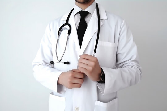 generated illustration of mid section of doctor man with stethoscope in hospital.