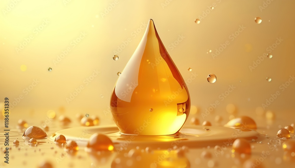 Poster closeup view of golden serum droplet with air bubbles. liquid oil drops creating splash effect. text