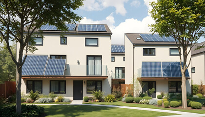 Fototapeta premium Modern eco-friendly multifamily homes with photovoltaic cells.AI generativ, detailed, with white tones