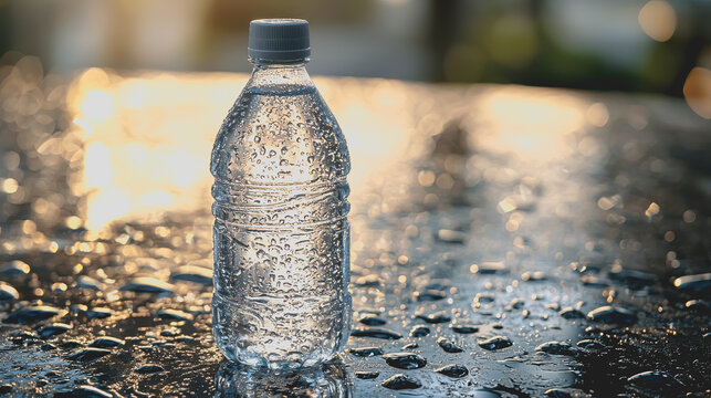 Bottle of water on wet surface with reflections raindrops and clear background close-up photography refreshing drink for hydration summer vibes nature elements pure liquid