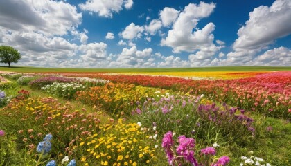 A field of flowers with a blue sky in the background