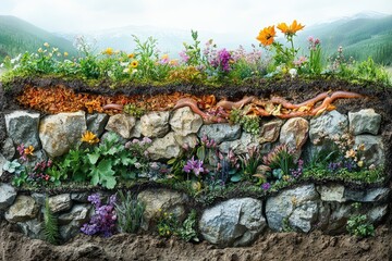 Cross-section of soil, rocks, plants, and worms.