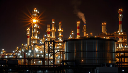 Fototapeta premium Glitter lighting of petrochemical plant with night, Manufacturing of petroleum, Products tank in petrochemical plant, pop art, with white tones