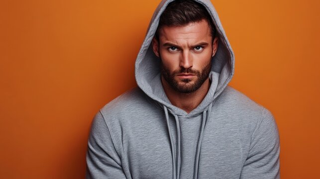 A man with a rugged beard and intense gaze, dressed in a casual gray hoodie, against a solid burnt orange background - Powered by Adobe