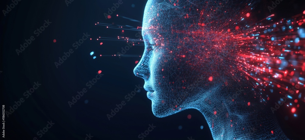 Poster digital human head with glowing particles and data streams representing artificial intelligence and 