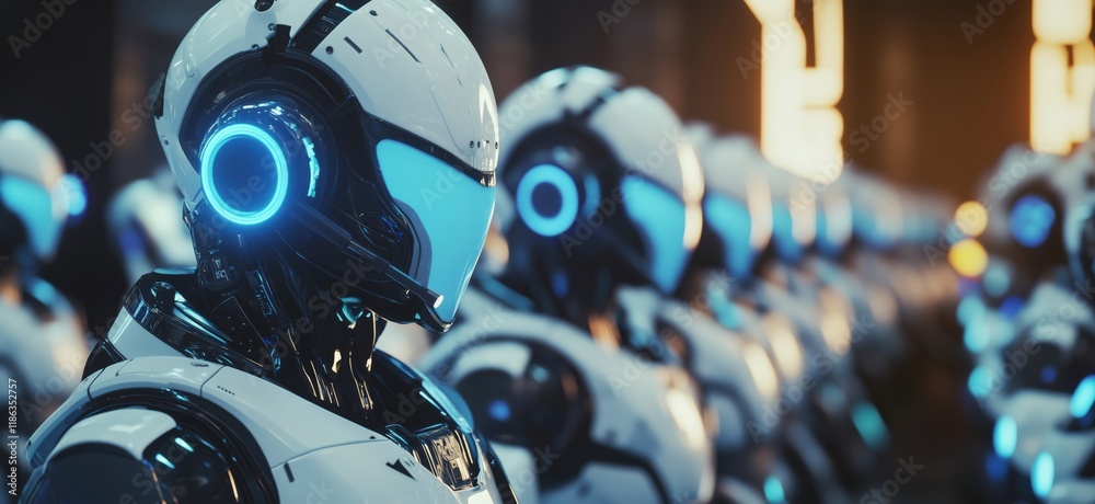 Poster futuristic humanoid robots lined up in a high-tech environment showcasing advanced design and glowin