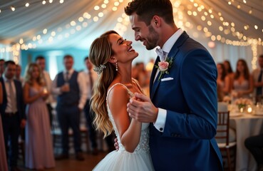 Bride, groom dance happily at wedding reception. Look lovingly at holding hands. Guests watching couple dance. Venue festive atmosphere with lights. Looks like wedding celebration inside tent.