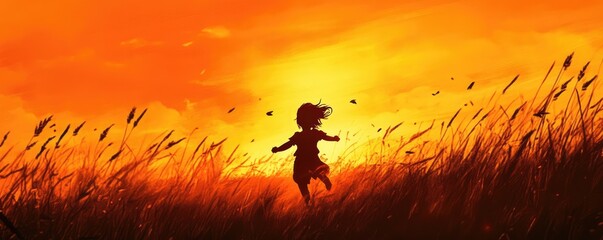 Fototapeta premium Silhouette of a child running through a golden field at sunset.