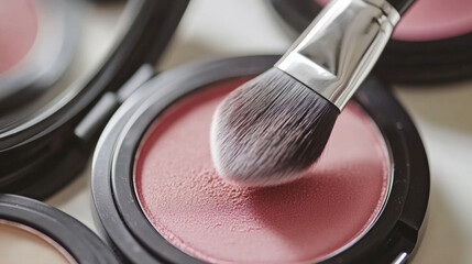 Soft blush brush applying powder to a compact in a beauty routine for a natural glow
