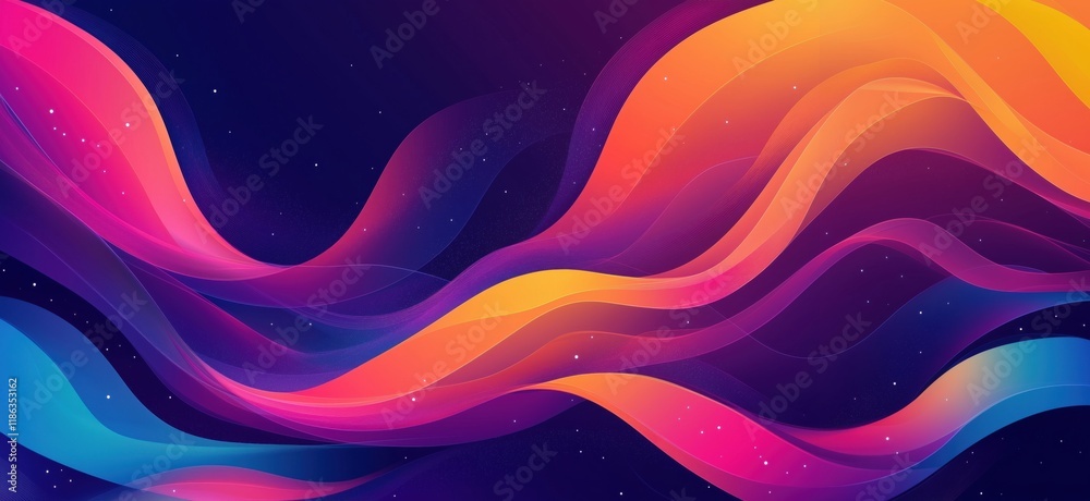 Poster vibrant abstract waves in gradient colors creating dynamic flow and energy, copy space for text