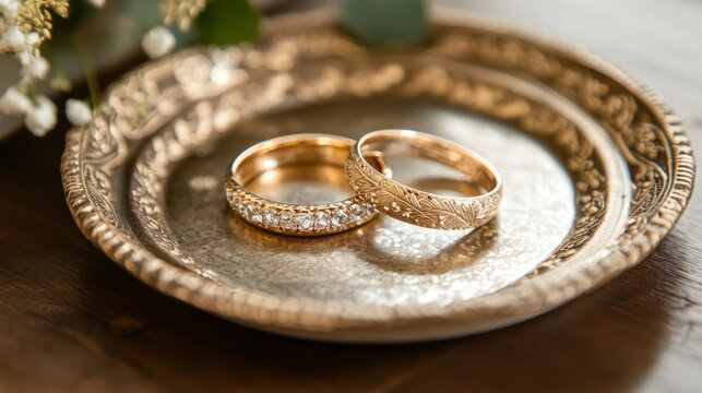 Elegant wedding bands displayed on a decorative plate in a serene setting during an intimate ceremony
