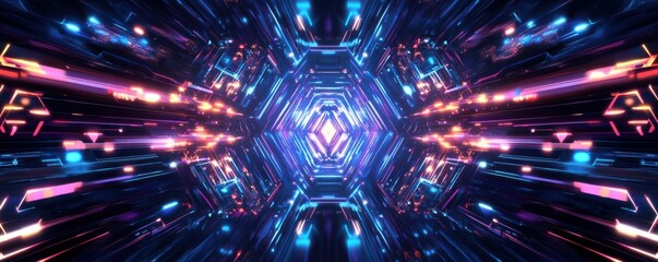 futuristic hexagonal pattern, glowing lights, abstract design, dark background with neon colors, blue and purple hues, digital texture, vibrant geometric shapes, high tech