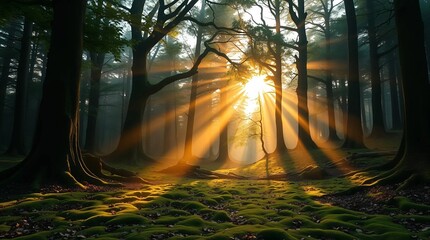A tranquil forest clearing at dawn, bathed in soft golden sunlight, the ground blanketed in a lush carpet of moss and fallen leaves