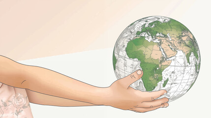 Earth day banner frame, care for the environment and planet earth. A child's hand a globe preserving the planet. Youth protecting the environment
