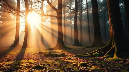 A tranquil forest clearing at dawn, bathed in soft golden sunlight streaming through towering ancient trees