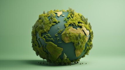 Earth day banner frame, care for the environment and planet earth. A globe filled with greenery, global efforts to protect the environment and promote sustainability, isolated in a green background