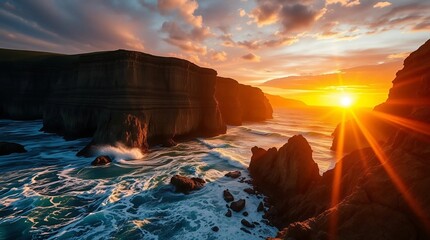 Fototapeta premium A dramatic coastal cliff at sunrise, waves crashing against the jagged rocks below, the golden light of the rising sun casting long shadows