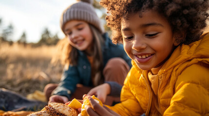 Kids happily sharing a snack outdoors in the warmth of the golden sunlight during a joyful afternoon gathering