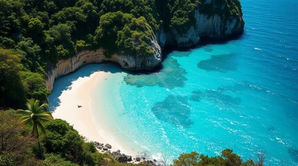 A hidden tropical cove with bright white sand and crystal-clear turquoise water, the sunlight shimmering off the gentle waves