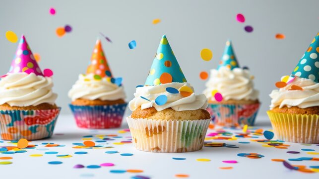 Festive Birthday Celebration with Colorful Cupcakes, Party Hats, and Confetti on a Bright White Background