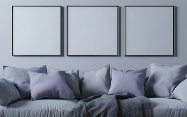 Modern living room interior design, three blank frames on wall, sofa with pillows, cozy atmosphere, home decor mockup