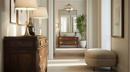 Bright hallway featuring a vintage wooden chest, brass lamps and a soft beige ottoman, warm lighting and welcoming atmosphere