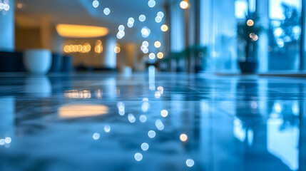 Bright sapphire bokeh with glowing highlights in a sleek modern hotel lobby, reflective marble floors and soft ambient lighting
