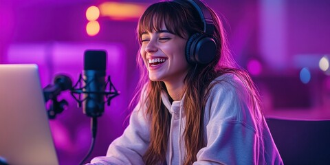 Young woman joyfully recording content with microphone and headphones in vibrant setting