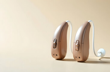 Hearing Aids for World Hearing Day. Close-up image of modern beige hearing aids with a soft beige background, symbolizing support and awareness for World Hearing Day