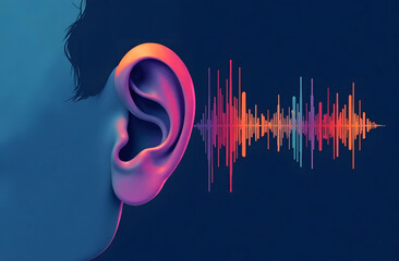 Ear and Sound wave Illustration for Hearing Awareness. Vibrant illustration of a human ear with colorful sound waves on a dark background