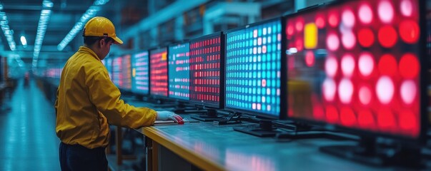 Technician inspecting electronic displays with vibrant test patterns at a manufacturing facility