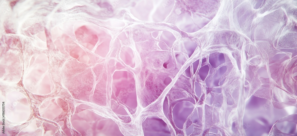 Poster abstract cellular structure with intricate web-like patterns in soft pink and purple hues, showcasin