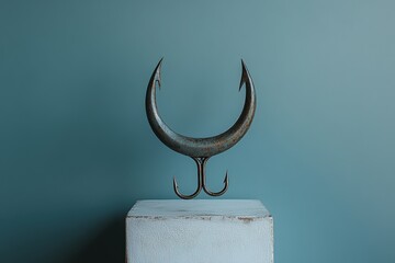 Rustic metal double hook on white cube.