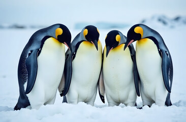 Group of Emperor Penguins in Snow. A group of four emperor penguins standing close together on snowy terrain, showcasing wildlife and Arctic beauty.