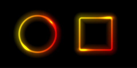 Neon glow round and square light frames. Abstract light background. Colored laser bright round and square icons. Colorful geometric graphic vector set isolated on black.