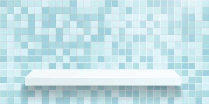 White shelf on mosaic white blue tile background. Bathroom, kitchen or pool interior for product display. Realistic 3d vector illustration.