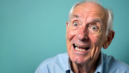 Surprised Elderly Man with Big Eyes. An astonished elderly man with wide-open eyes on a turquoise background. Space for text is available, capturing surprise and awe.