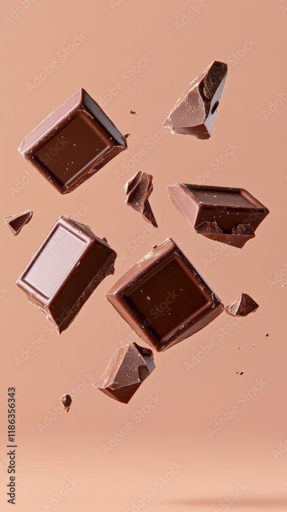 Aufkleber Different sizes of dark chocolate chunks are levitating on a smooth light brown background, creating an eye catching visual with crumbs scattered around