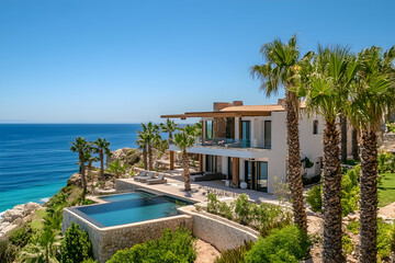 Fototapeta premium Elegant beachfront villa and resort offering panoramic sea views, blending luxury living with serene coastal vibes